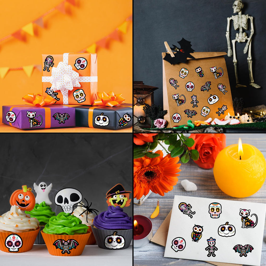 BeYumi 1000Pcs Day of the Dead Stickers – Sugar Skull, Skeleton Cat, Halloween & Mexican Fiesta Decals, Waterproof for Laptop, Water Bottle, Party Supplies