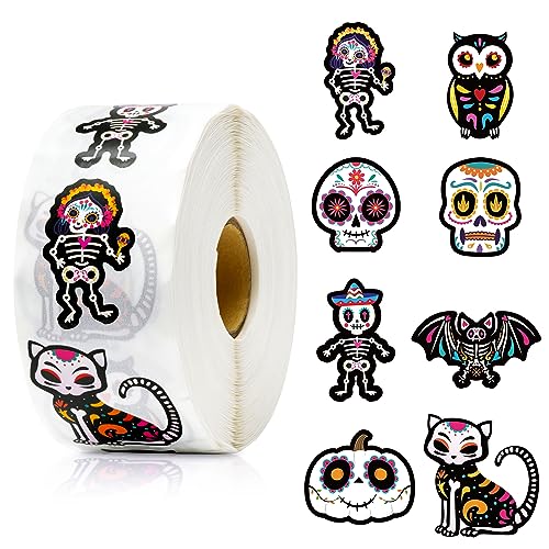 BeYumi 1000Pcs Day of the Dead Stickers – Sugar Skull, Skeleton Cat, Halloween & Mexican Fiesta Decals, Waterproof for Laptop, Water Bottle, Party Supplies
