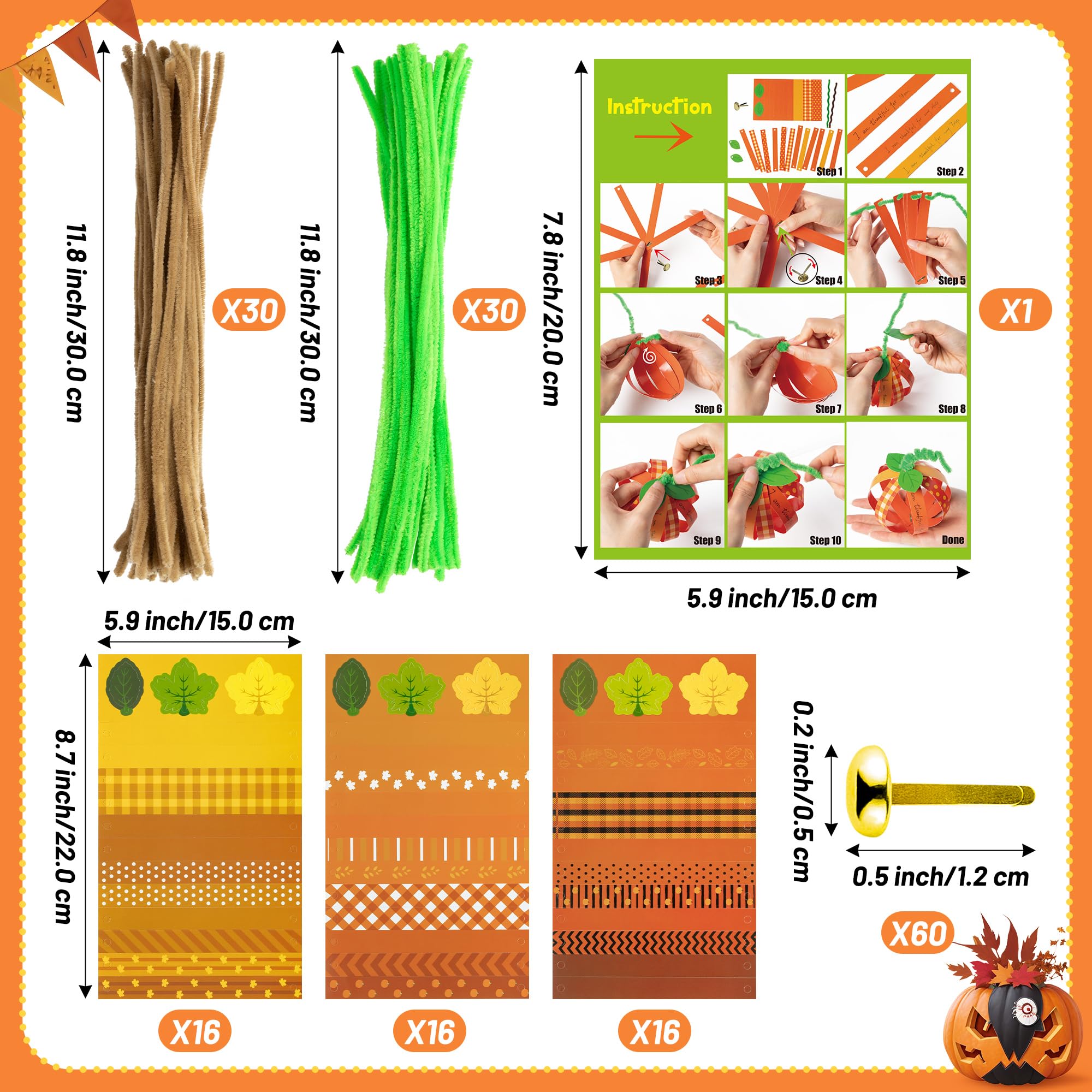 BeYumi Paper Strip Pumpkin Craft Kit - 36 Pcs Halloween DIY for Kids, Fall Thanksgiving Gratitude Activity