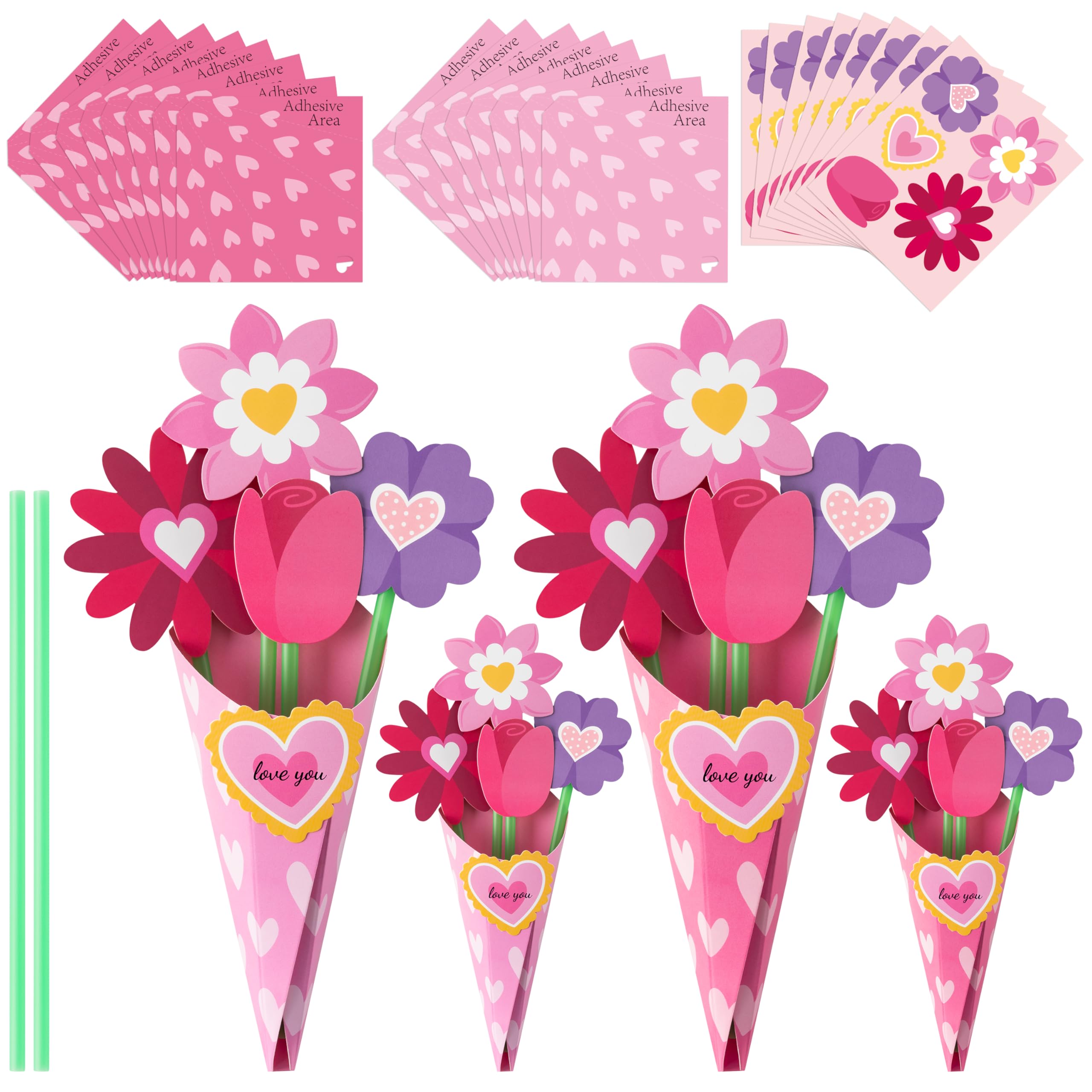 BeYumi Valentine's Day Craft Kit: 24-Piece Pink Flower Bouquet Set for Kids DIY Heart Gifts