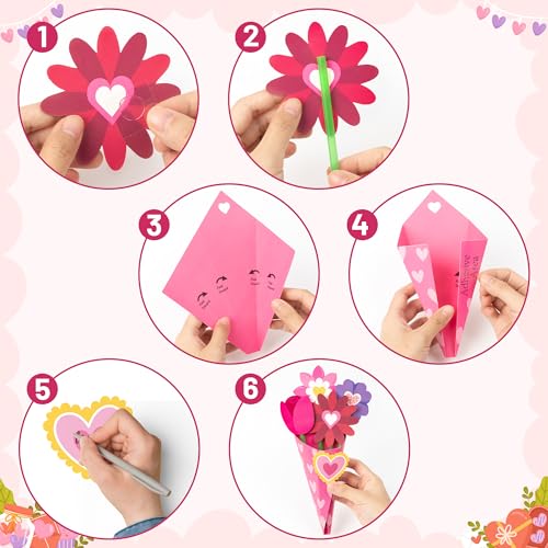 BeYumi Valentine's Day Craft Kit: 24-Piece Pink Flower Bouquet Set for Kids DIY Heart Gifts