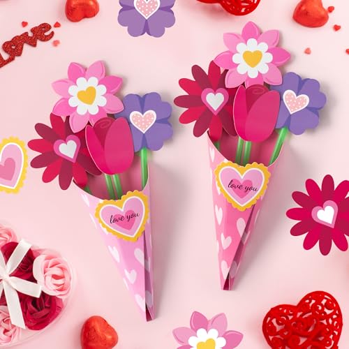 BeYumi Valentine's Day Craft Kit: 24-Piece Pink Flower Bouquet Set for Kids DIY Heart Gifts