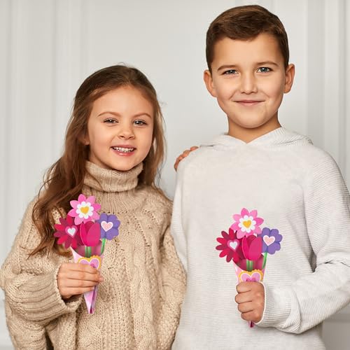 BeYumi Valentine's Day Craft Kit: 24-Piece Pink Flower Bouquet Set for Kids DIY Heart Gifts