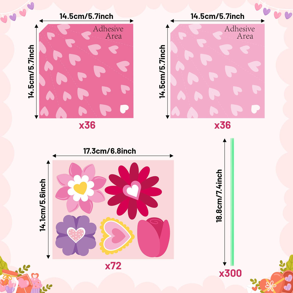 BeYumi Valentine's Day Craft Kit: 24-Piece Pink Flower Bouquet Set for Kids DIY Heart Gifts