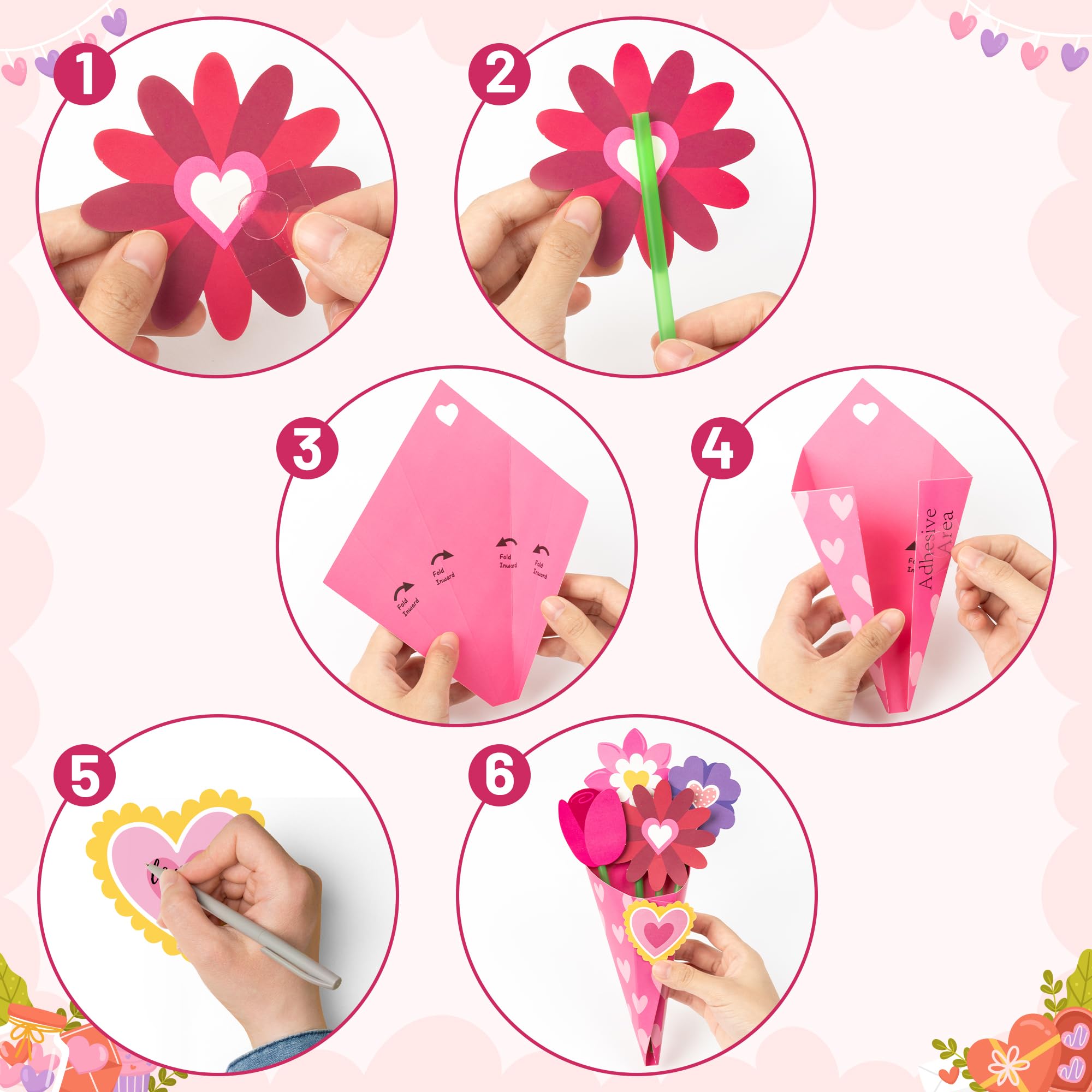 BeYumi Valentine's Day Craft Kit: 24-Piece Pink Flower Bouquet Set for Kids DIY Heart Gifts