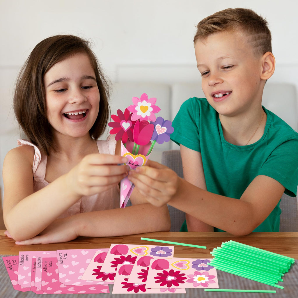 BeYumi Valentine's Day Craft Kit: 24-Piece Pink Flower Bouquet Set for Kids DIY Heart Gifts