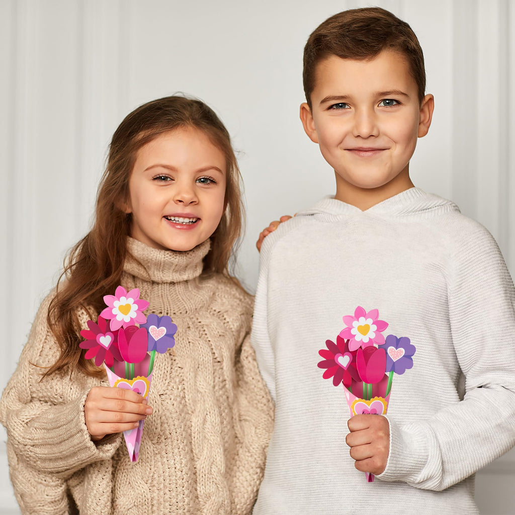 BeYumi Valentine's Day Craft Kit: 24-Piece Pink Flower Bouquet Set for Kids DIY Heart Gifts