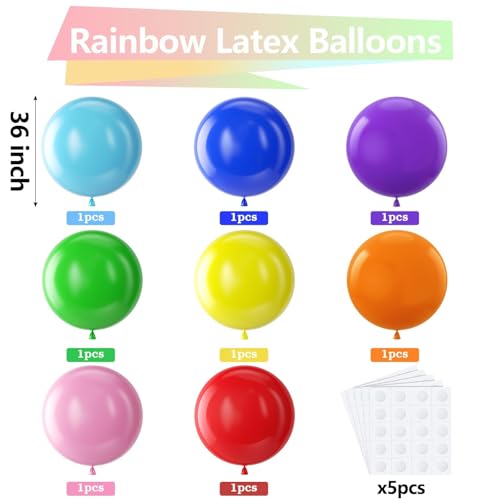 Bezente 36-Inch Rainbow Giant Balloons - 8 Pack Jumbo Latex for Birthday and Party Decor
