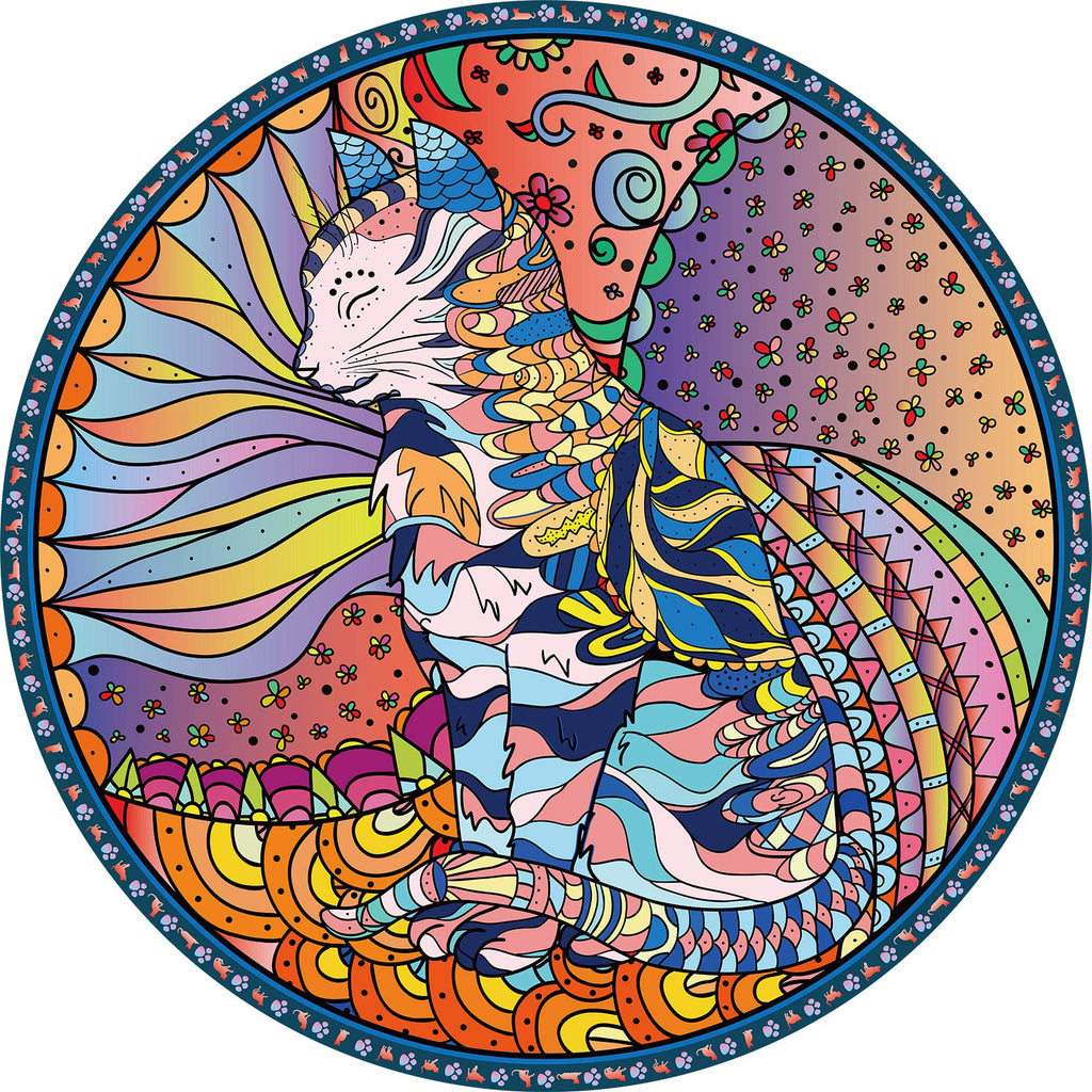 Bgraamiens Mandala Cat 1000 Piece Round Jigsaw Puzzle – Advanced Challenge with Letter-Sorted Back