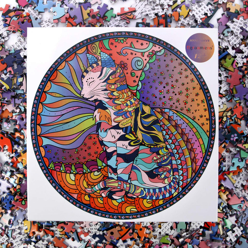 Bgraamiens Mandala Cat 1000 Piece Round Jigsaw Puzzle – Advanced Challenge with Letter-Sorted Back