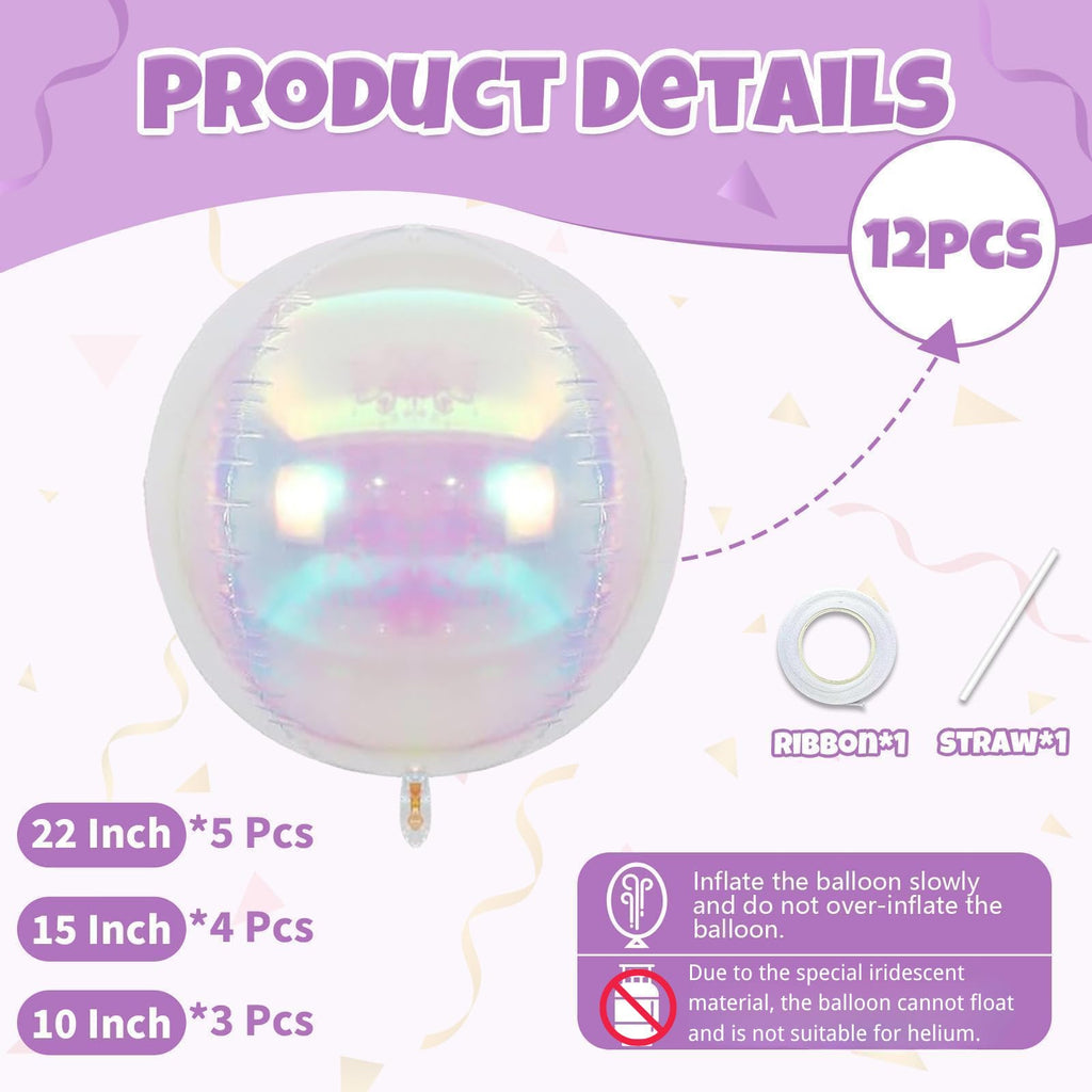 Biapian 12-Pack Iridescent Foil Balloons (10"/15"/22") – 4D Clear Balloon Set for Mermaid Birthday, Wedding, Baby Shower Decor