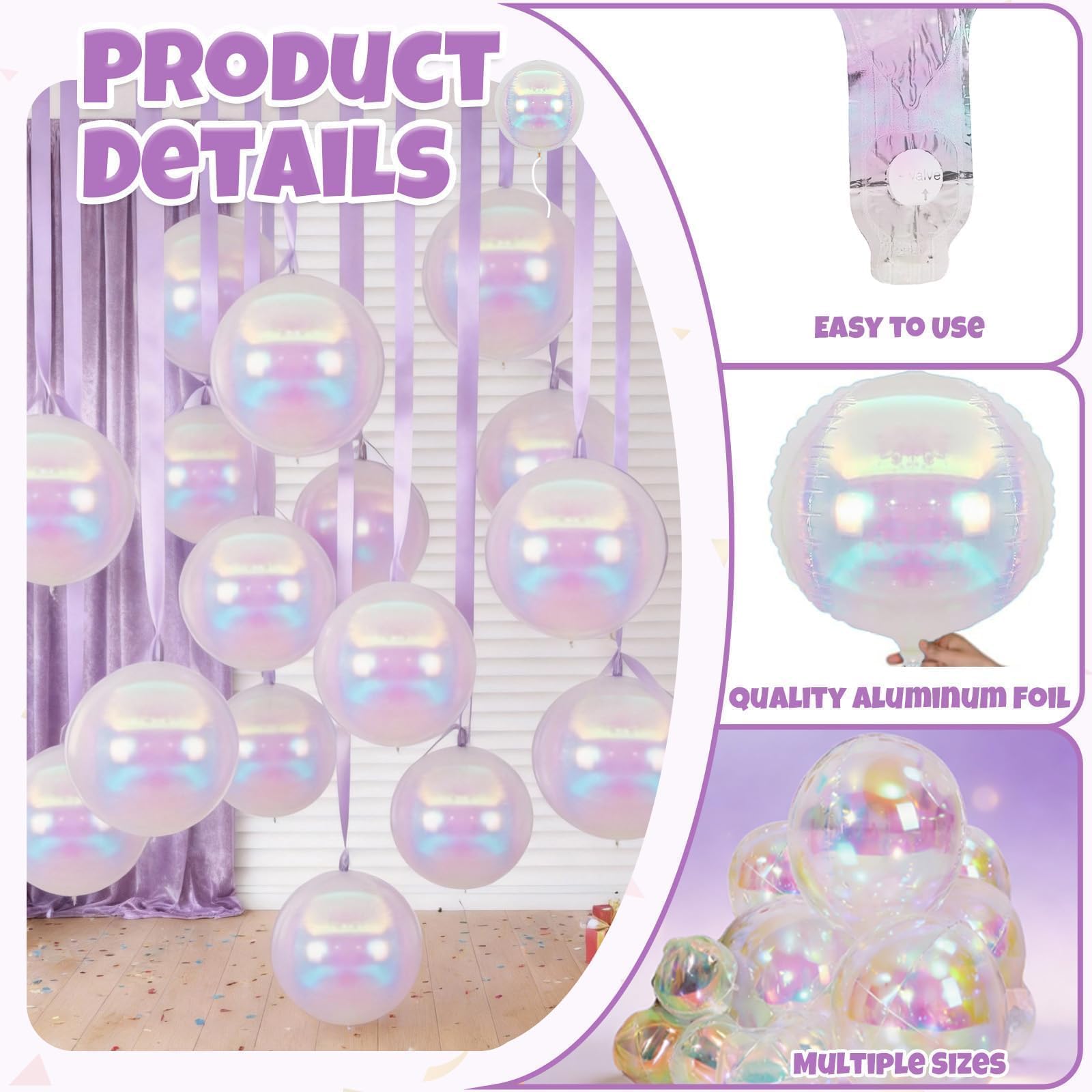 Biapian 12-Pack Iridescent Foil Balloons (10"/15"/22") – 4D Clear Balloon Set for Mermaid Birthday, Wedding, Baby Shower Decor