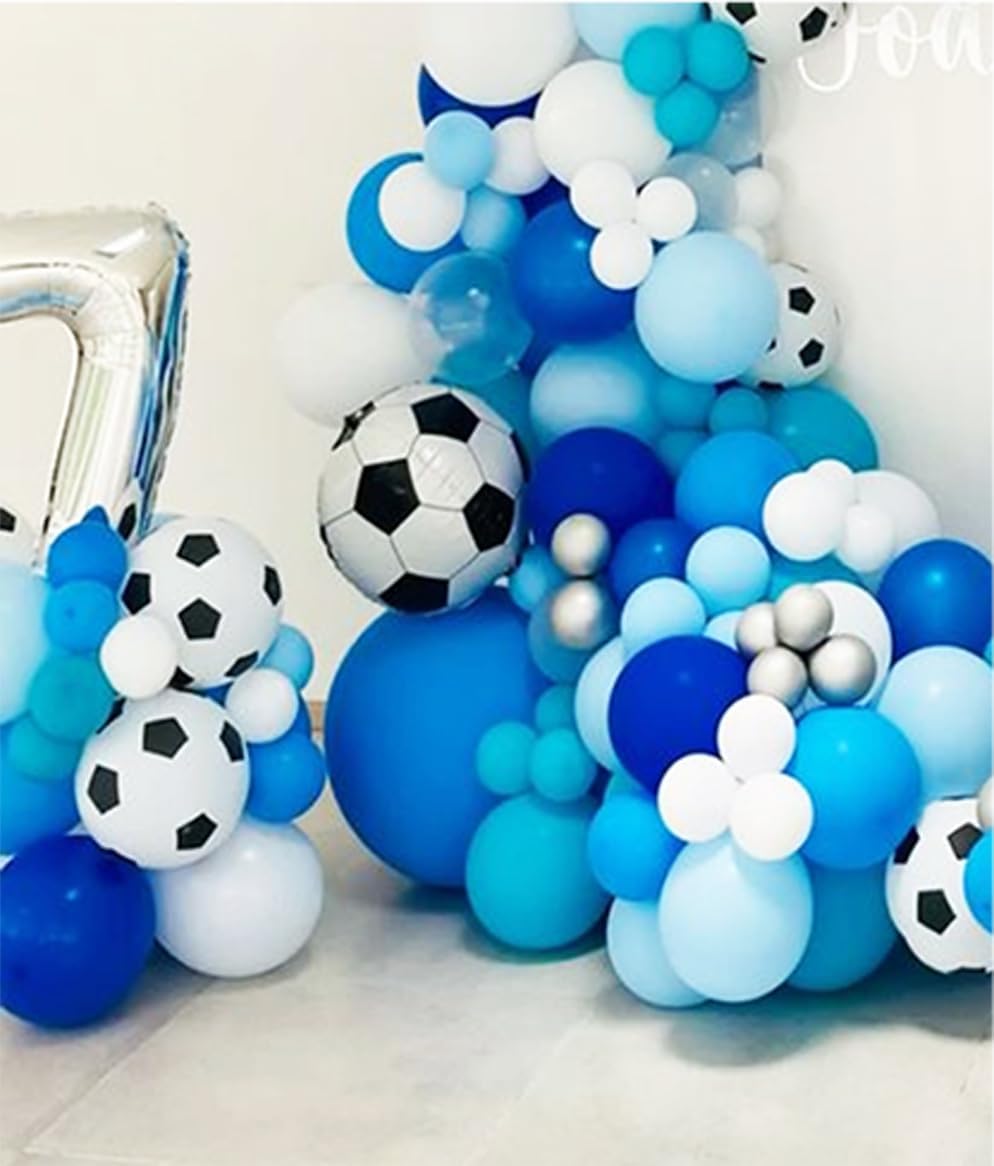 Biapian Soccer Balloon Arch Kit with 4D Football Foil Balloons - Royal Blue, White, Metallic Silver Latex Balloons for Party Decorations
