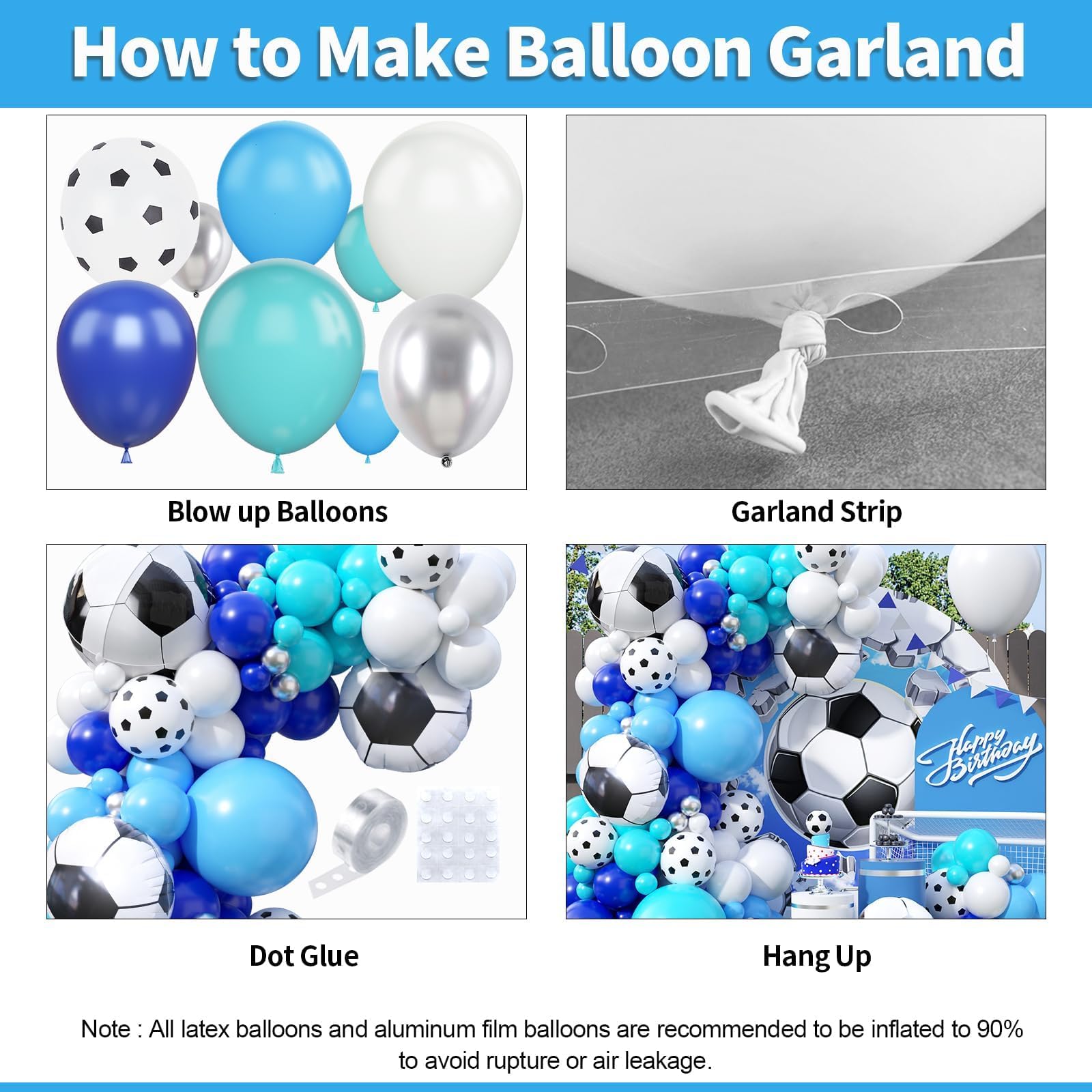 Biapian Soccer Balloon Arch Kit with 4D Football Foil Balloons - Royal Blue, White, Metallic Silver Latex Balloons for Party Decorations