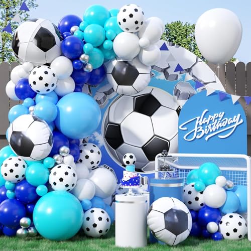 Biapian Soccer Balloon Arch Kit with 4D Football Foil Balloons - Royal Blue, White, Metallic Silver Latex Balloons for Party Decorations