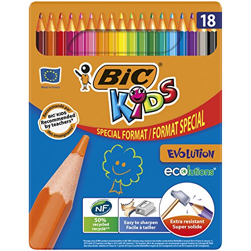 BiC Kid's Evolutions Ecolutions Colouring Pencils - 18 Vibrant Colours, Splinter-Proof & Chew-Resistant