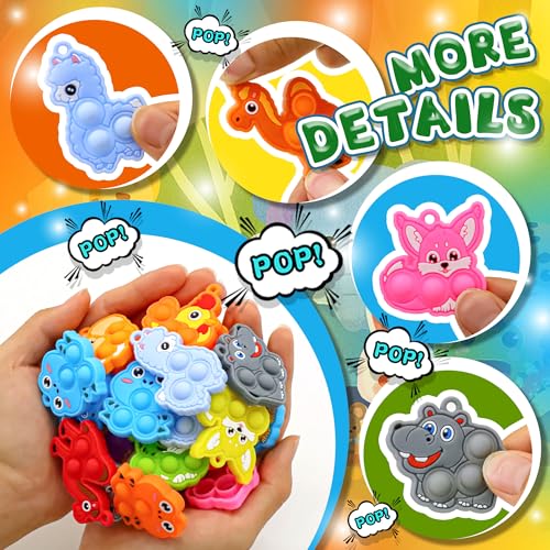 BicMan 30-Pack Animal Pop It Keychains – Bulk Party Favors for Kids, Classroom Prizes, Sensory Fidget Toys