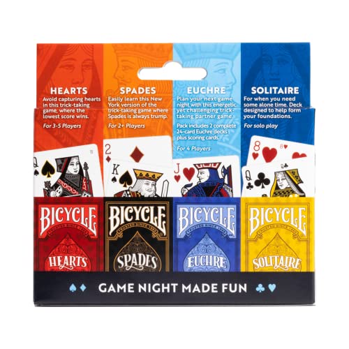 Bicycle 4-in-1 Card Game Pack – Euchre, Hearts, Spades & Solitaire Decks