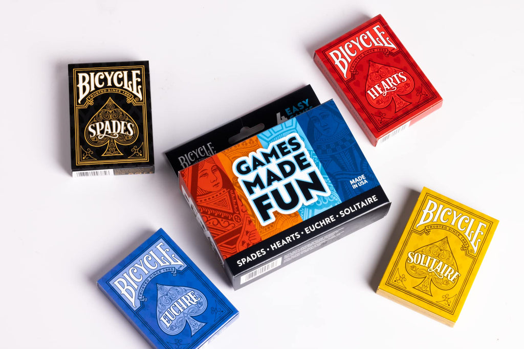 Bicycle 4-in-1 Card Game Pack – Euchre, Hearts, Spades & Solitaire Decks
