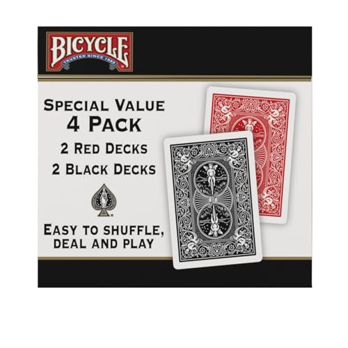Bicycle Playing Cards 4 Pack: Standard Index Poker Decks in Red and Black for Games & Magic