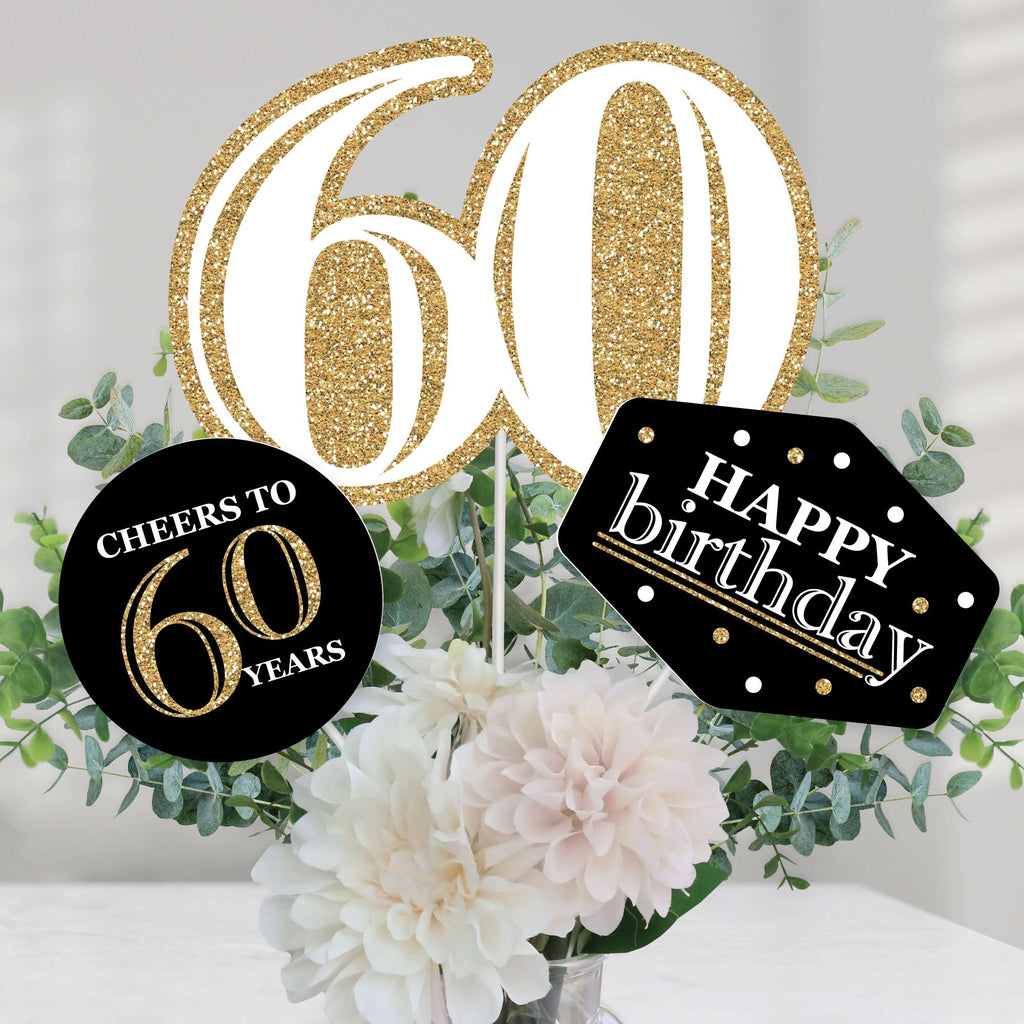 Big Dot of Happiness 60th Birthday Gold Centerpiece Sticks – Set of 15 Table Toppers