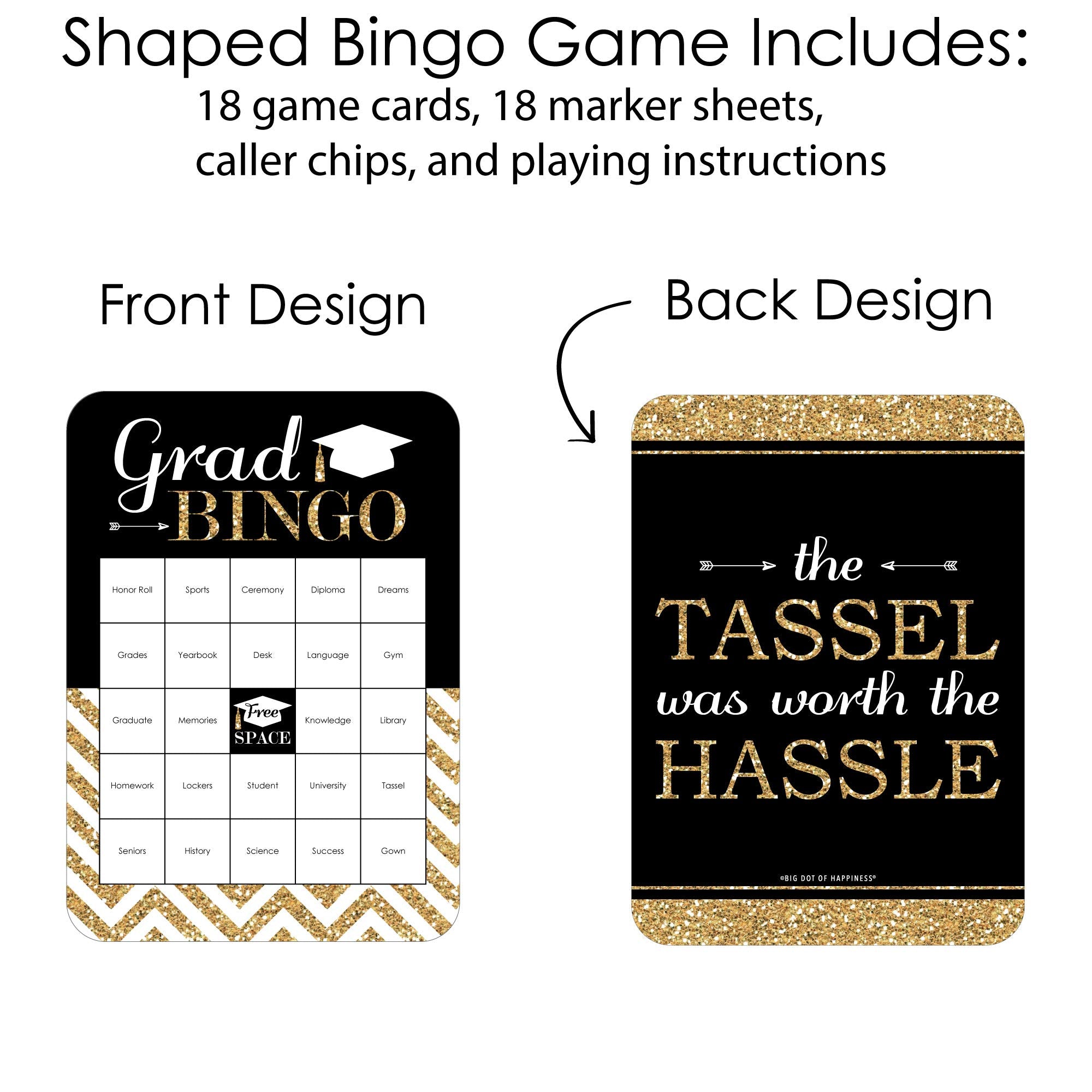 Big Dot of Happiness Graduation Bingo: Gold Tassel Game with 18 Cards