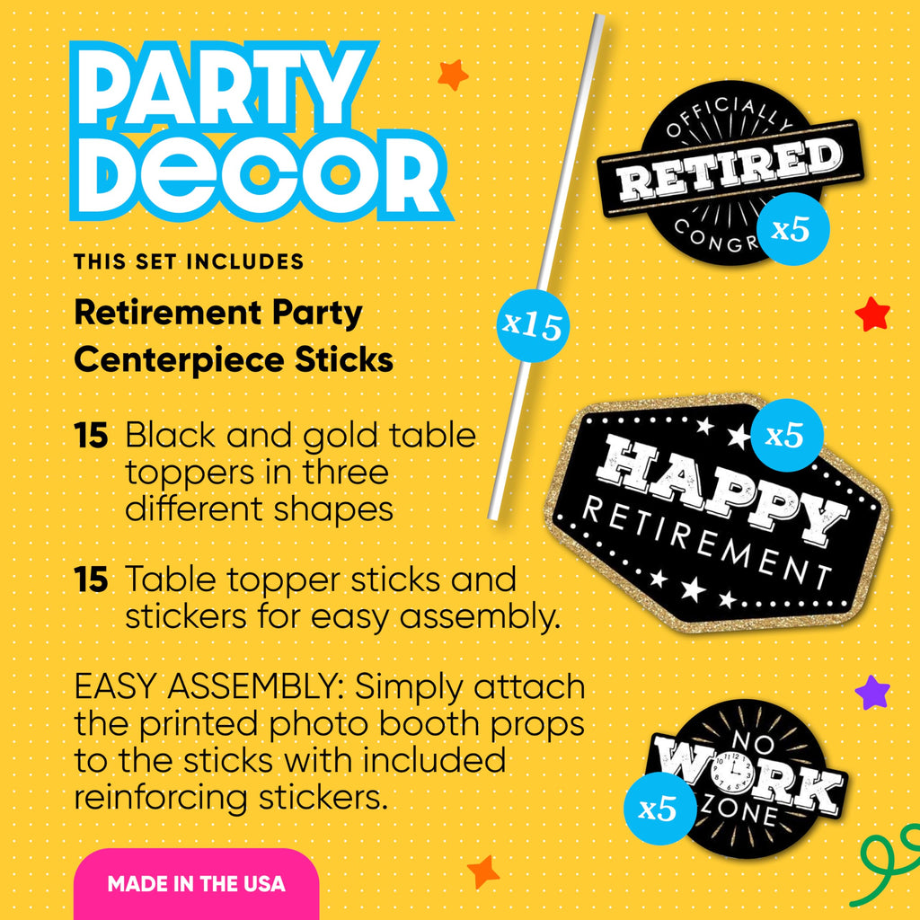 Big Dot of Happiness Retirement Party Centerpiece Sticks - Set of 15 Black and Gold Table Toppers