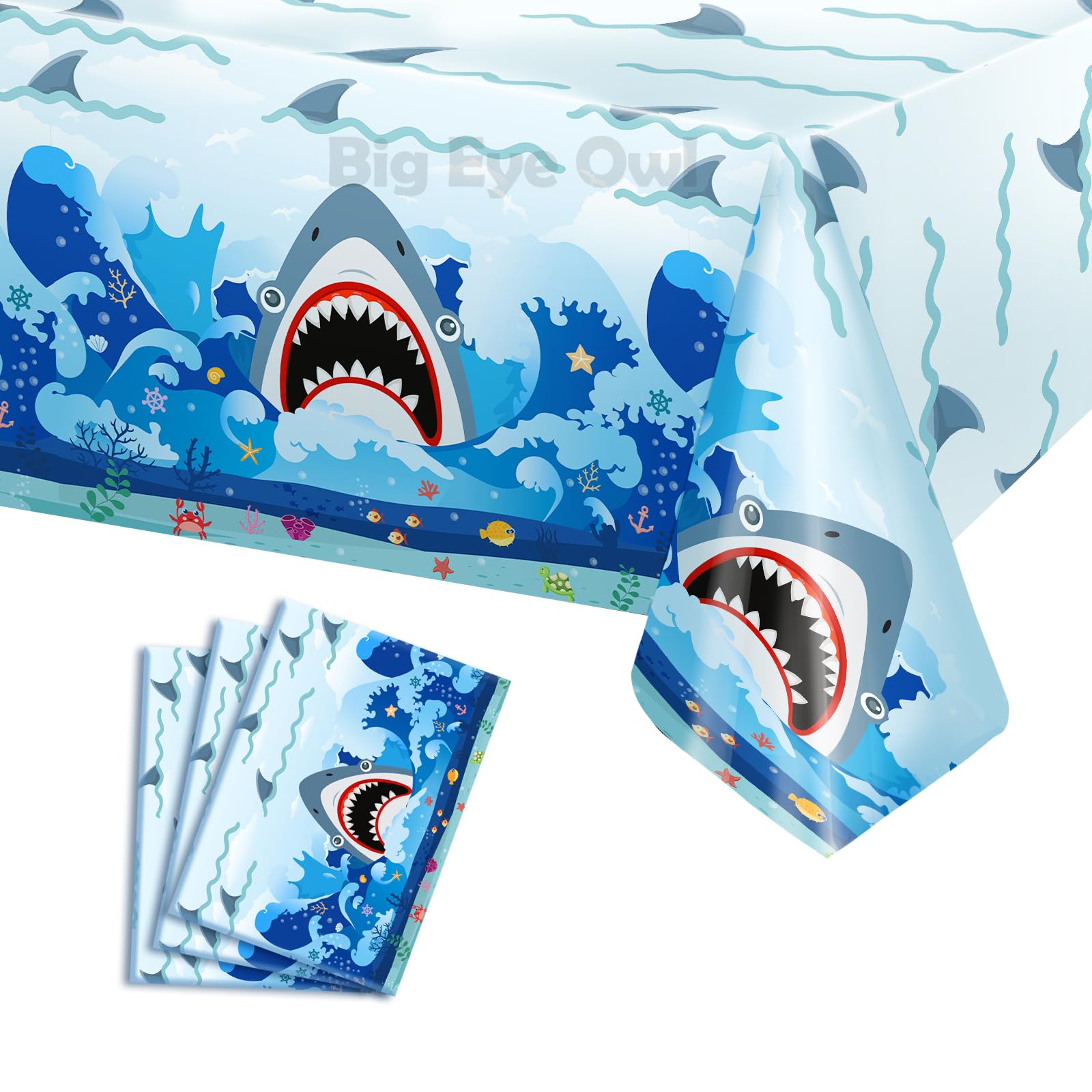 Big Eye Owl 3-Pack Shark Party Tablecloths, 54x108 Inches, Disposable Plastic Rectangle Table Covers for Ocean-Themed Birthdays