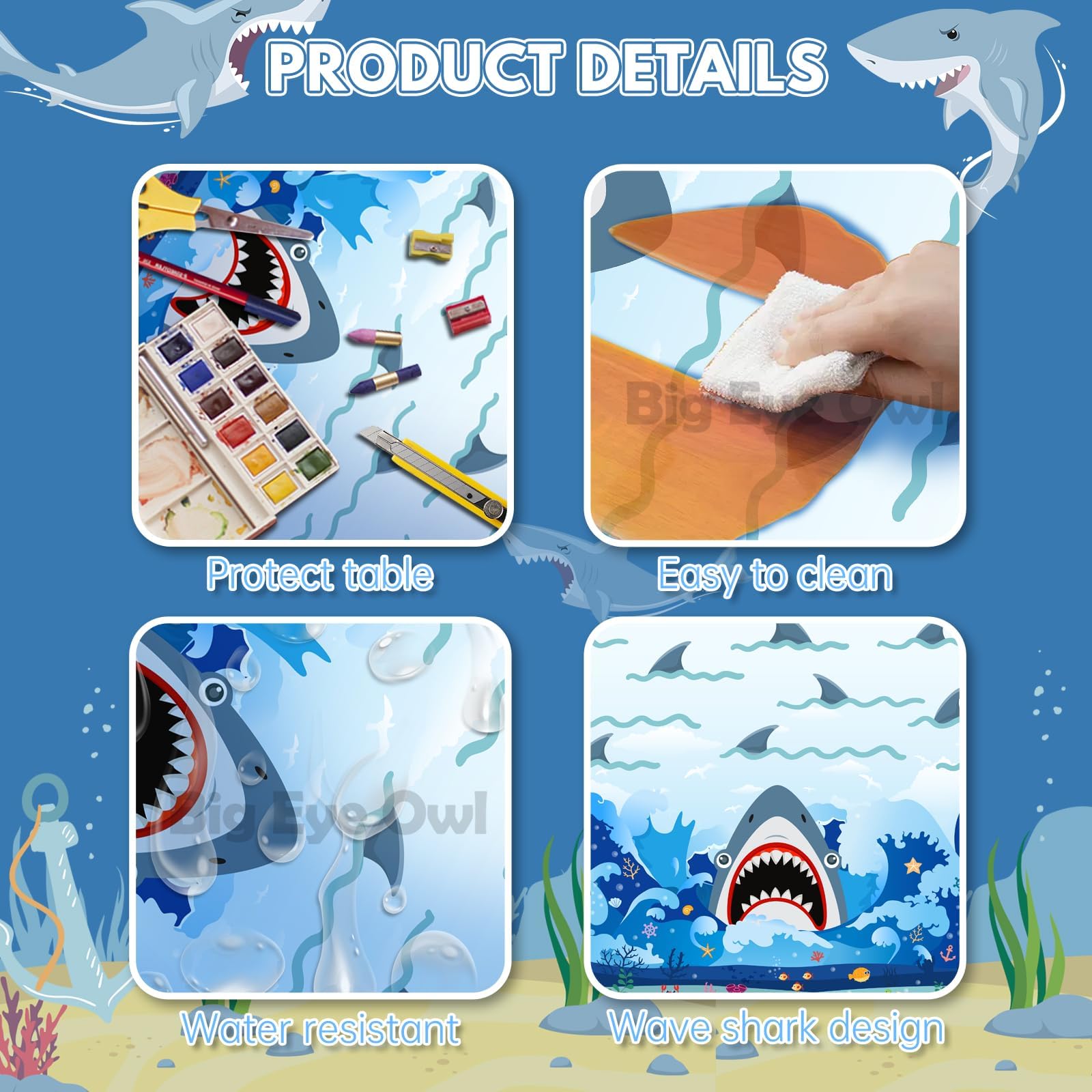 Big Eye Owl 3-Pack Shark Party Tablecloths, 54x108 Inches, Disposable Plastic Rectangle Table Covers for Ocean-Themed Birthdays