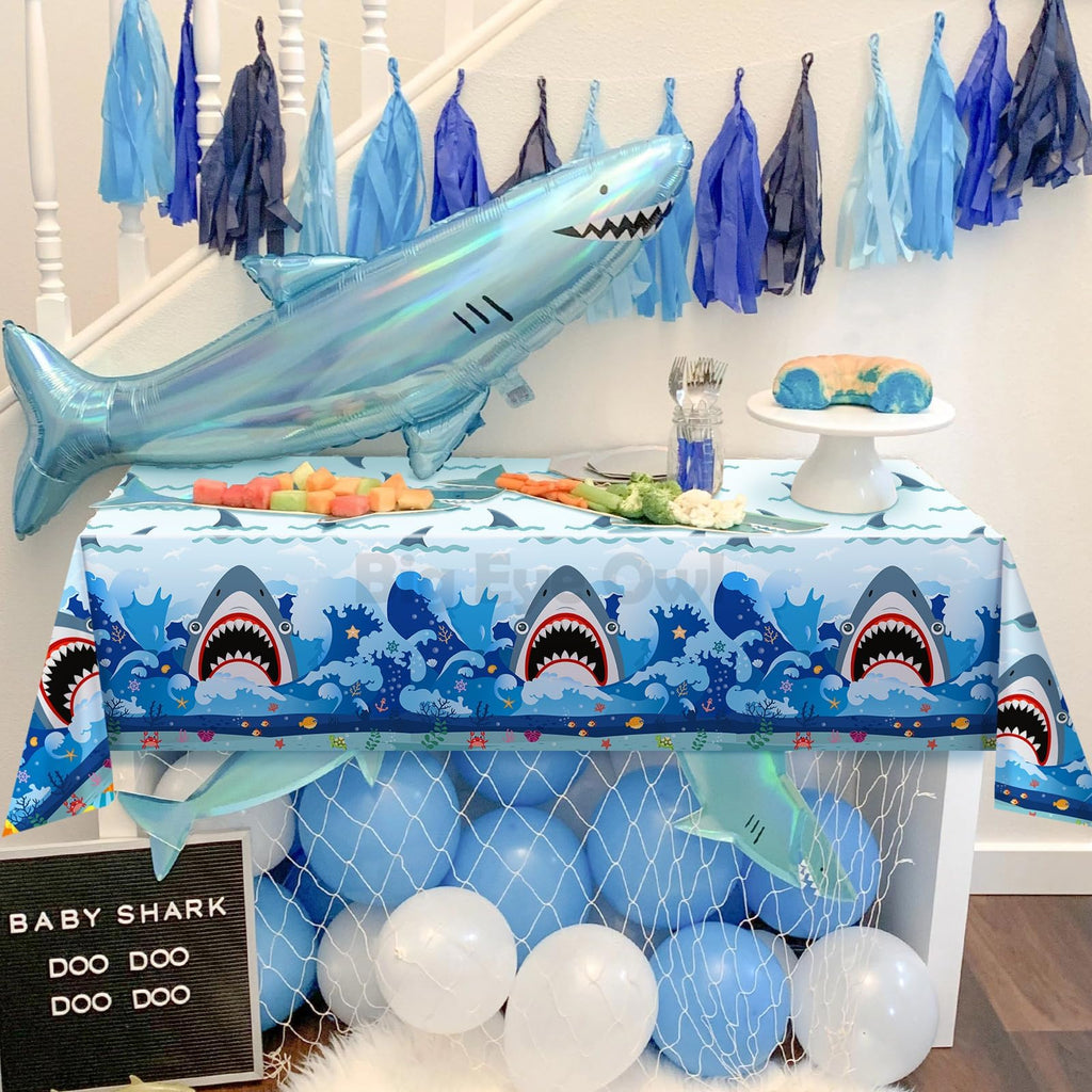 Big Eye Owl 3-Pack Shark Party Tablecloths, 54x108 Inches, Disposable Plastic Rectangle Table Covers for Ocean-Themed Birthdays
