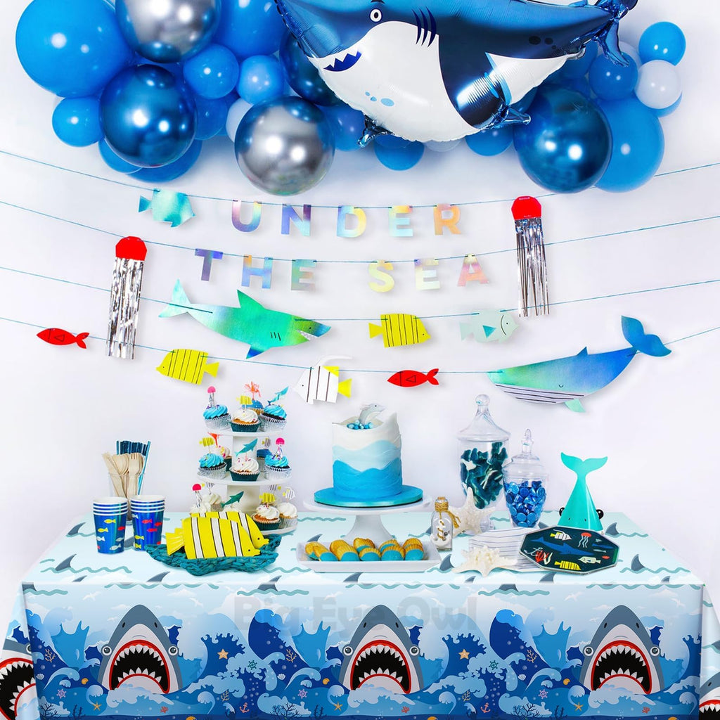 Big Eye Owl 3-Pack Shark Party Tablecloths, 54x108 Inches, Disposable Plastic Rectangle Table Covers for Ocean-Themed Birthdays