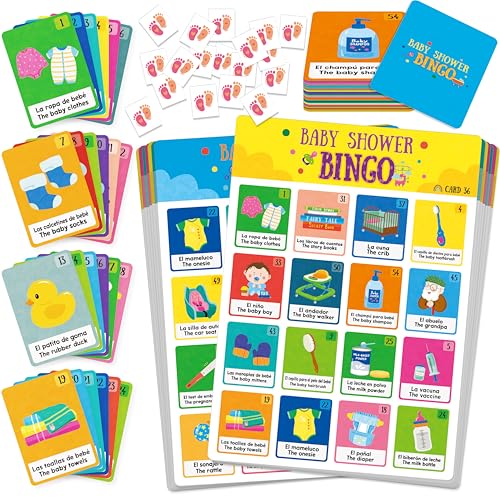 Bilingual Baby Shower Bingo Game – 50 Spanish & English Cards for Gender Reveal Parties