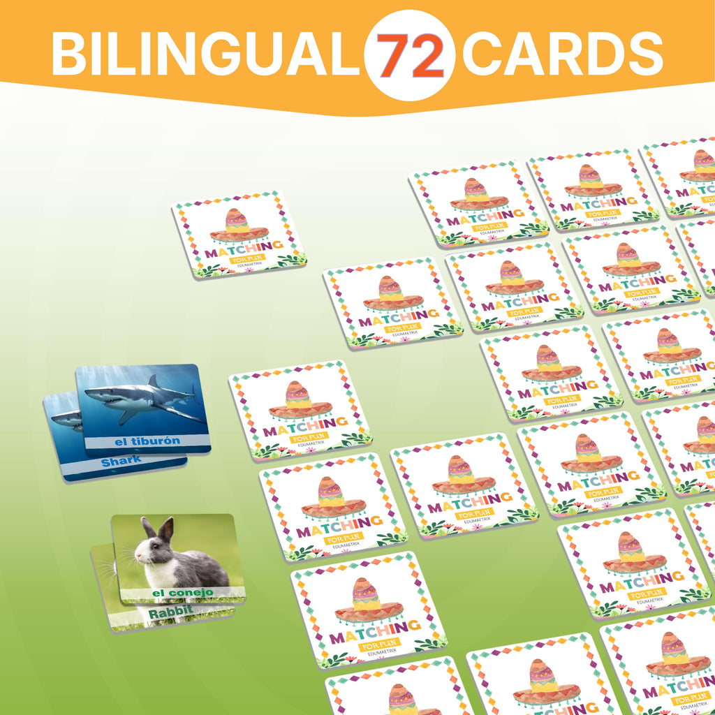 Bilingual Spanish English Animal Memory Game – 72 Cards (36 Pairs) for Language Learning & ESL
