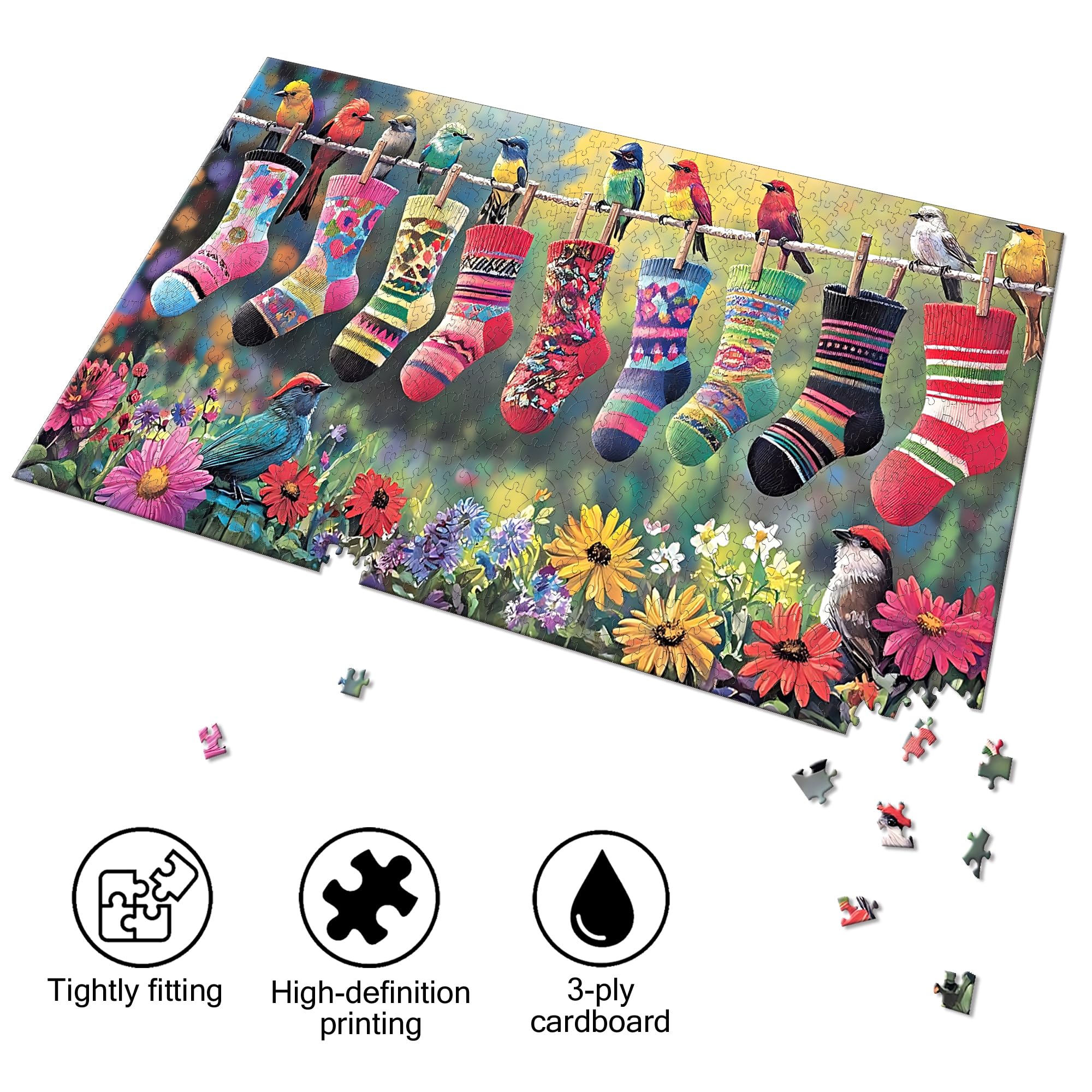 Bimkole Birds and Socks 1000 Piece Jigsaw Puzzle – 31.5 x 16.14 Inch Finished Size, High-Quality Cardboard, Fun Family Activity & Wall Decor