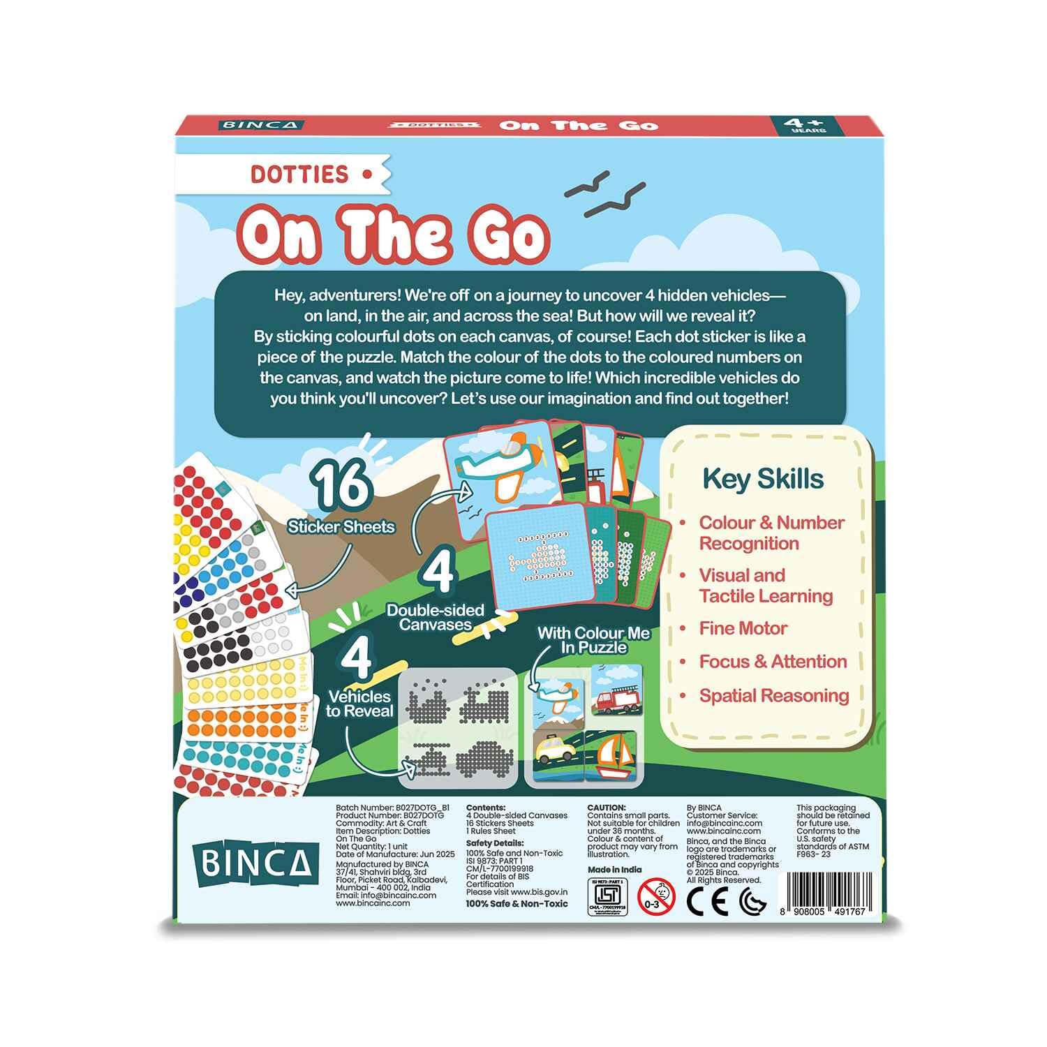 BINCA Dotties Dot Art Activity Kit: Over 750 Stickers, 4 Vehicle Scenes, Mess-Free Travel Craft for Kids Ages 4-8