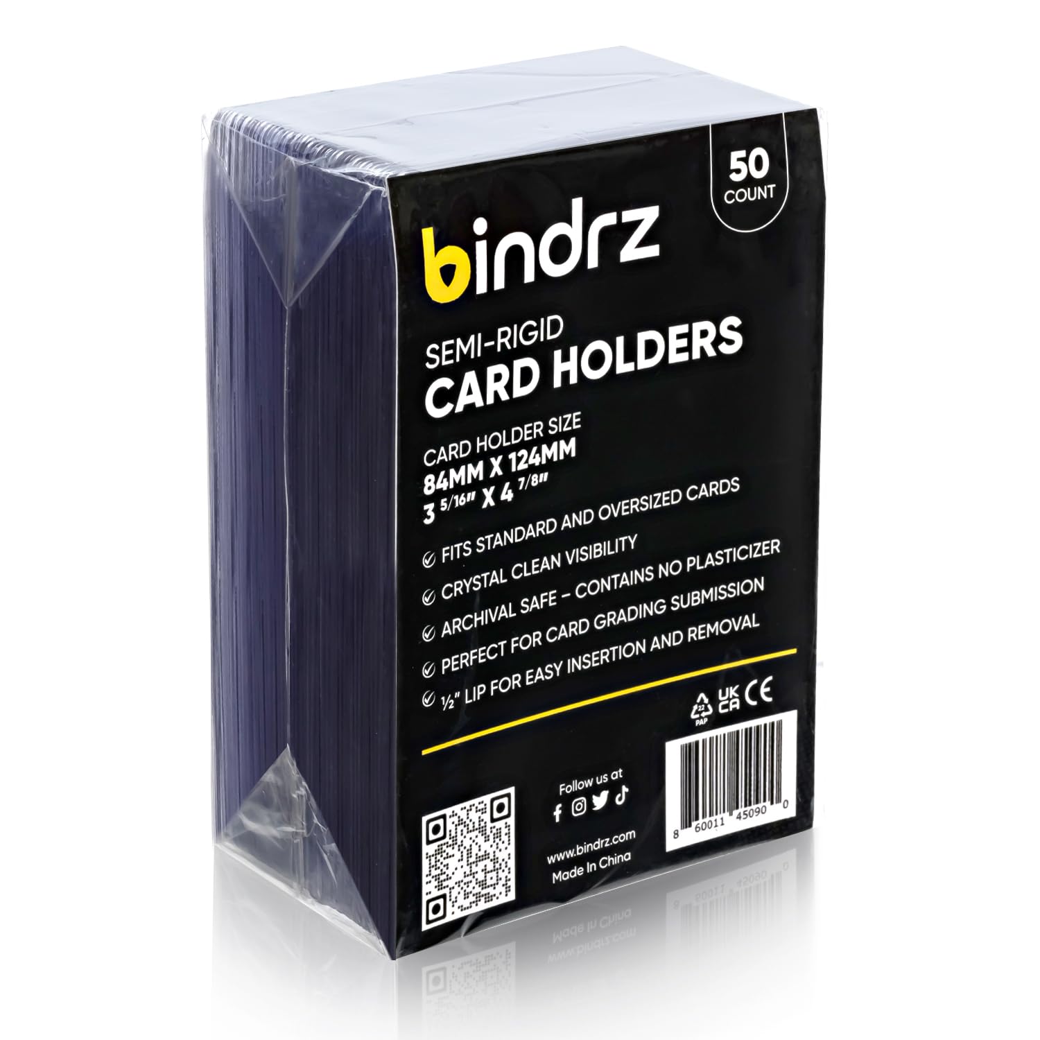 bindrz 50 Semi Rigid Card Holders for PSA, BGS, SGC, CSG Grading – Clear PVC, 3-5/16" x 4-7/8" with 1/2" Lip