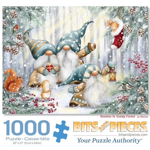 Bits and Pieces 1000 Piece Jigsaw Puzzle – Gnomes in Snowy Forest, 20x27 Inches, Random Cut Pieces, No Two Alike