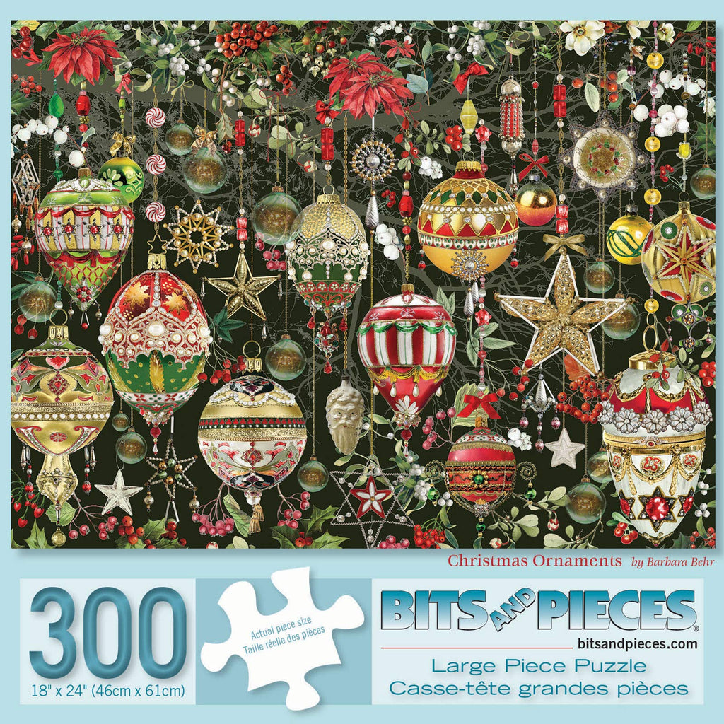 Bits and Pieces 300 Piece Jigsaw Puzzle – Christmas Ornaments by Barbara Behr, 18" x 24"