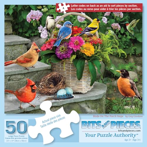 Bits and Pieces 50-Piece Jigsaw Puzzle for Adults – Birds on the Porch Steps, Large 15x19 Inches, Easy-Hold Pieces