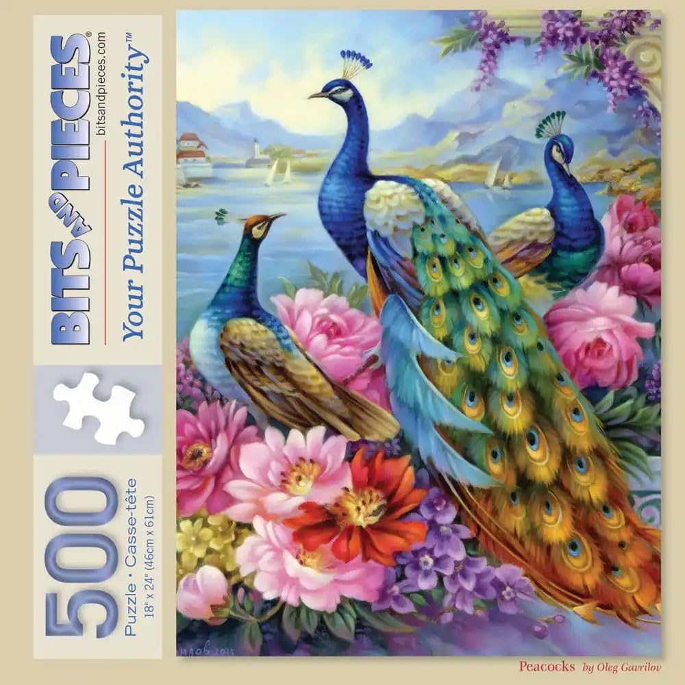 Bits and Pieces 500-Piece Jigsaw Puzzle – Peacocks at Flower Lake by Oleg Gavrilov, 18" x 24"