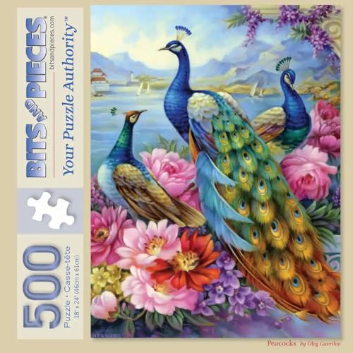 Bits and Pieces 500-Piece Jigsaw Puzzle – Peacocks at Flower Lake by Oleg Gavrilov, 18" x 24"