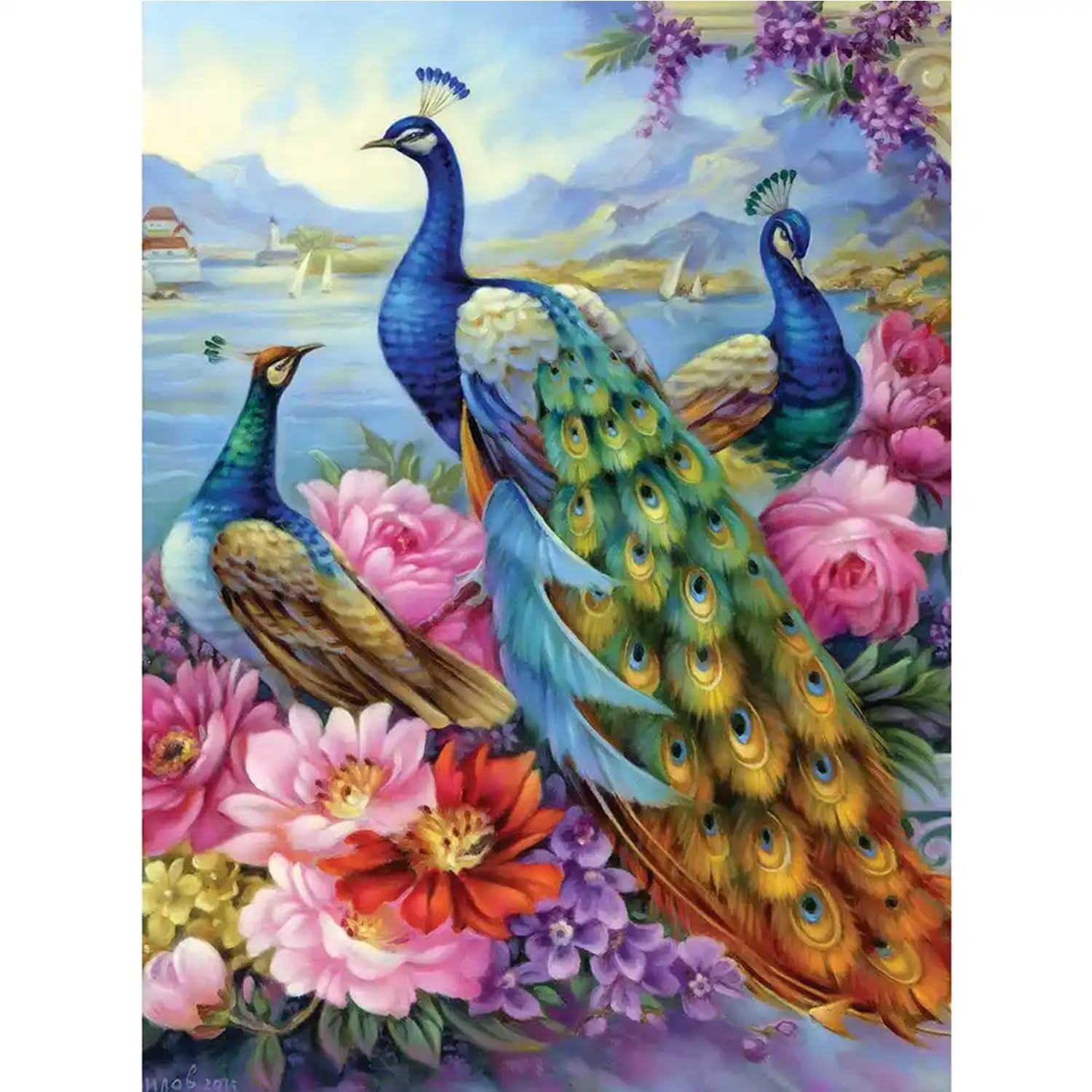 Bits and Pieces 500-Piece Jigsaw Puzzle – Peacocks at Flower Lake by Oleg Gavrilov, 18" x 24"