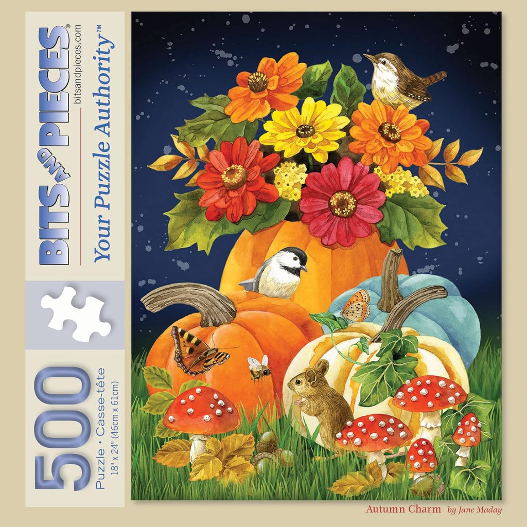 Bits and Pieces Autumn Charm 500-Piece Jigsaw Puzzle – Fall Pumpkins & Woodland Creatures by Jane Maday