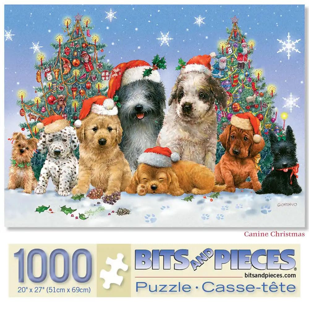 Bits and Pieces Canine Christmas 1000-Piece Jigsaw Puzzle – Giordano Studios Winter Dog Scene with Random-Cut Pieces