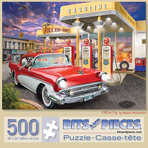Bits and Pieces Fill'er Up 500 Piece Jigsaw Puzzle – Old Fashioned Gas Station by Bigelow Illustrations, 18" x 24"
