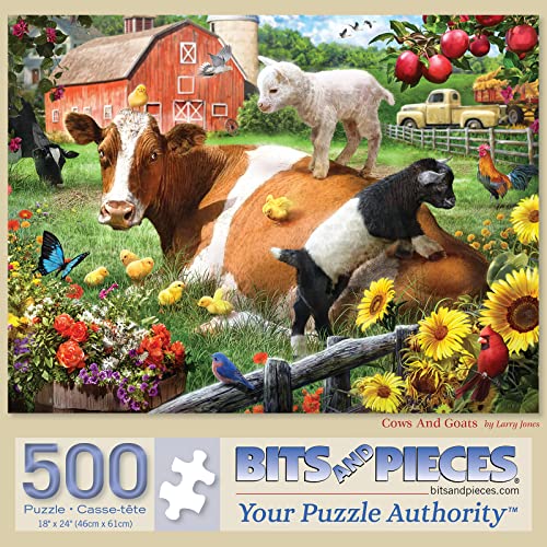 Bits and Pieces Large 500-Piece Farm Jigsaw Puzzle for Adults – Cow and Goats by Larry Jones