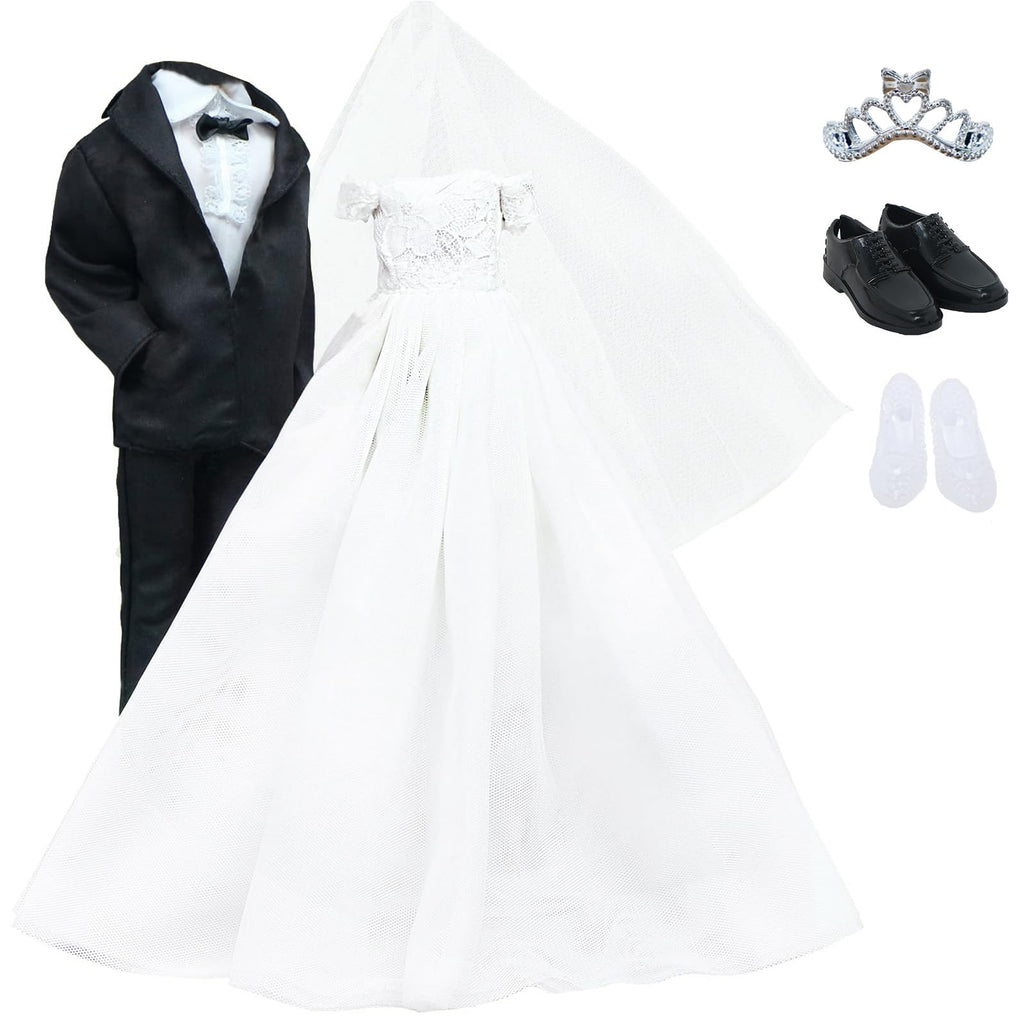 BJDBUS Doll Wedding Set – Bride & Groom Outfit for 11.5 Inch Dolls with Veil and Crown