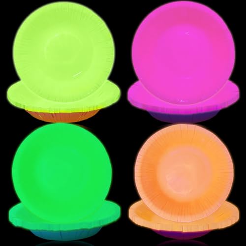 BKAILZYX 40-Pack Neon Paper Bowls - 7 Inch Fluorescent Bowls for Glow Parties, 4 Colors