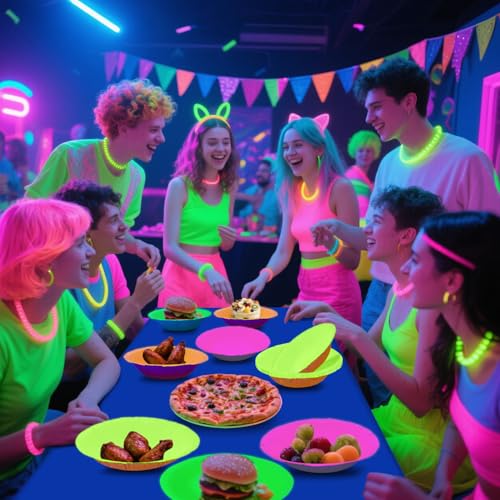 BKAILZYX 40-Pack Neon Paper Bowls - 7 Inch Fluorescent Bowls for Glow Parties, 4 Colors
