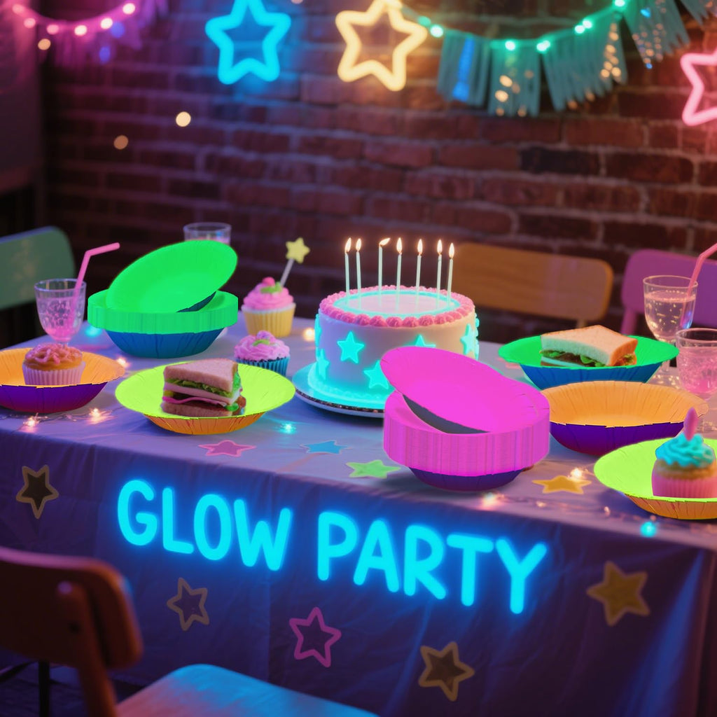 BKAILZYX 40-Pack Neon Paper Bowls - 7 Inch Fluorescent Bowls for Glow Parties, 4 Colors